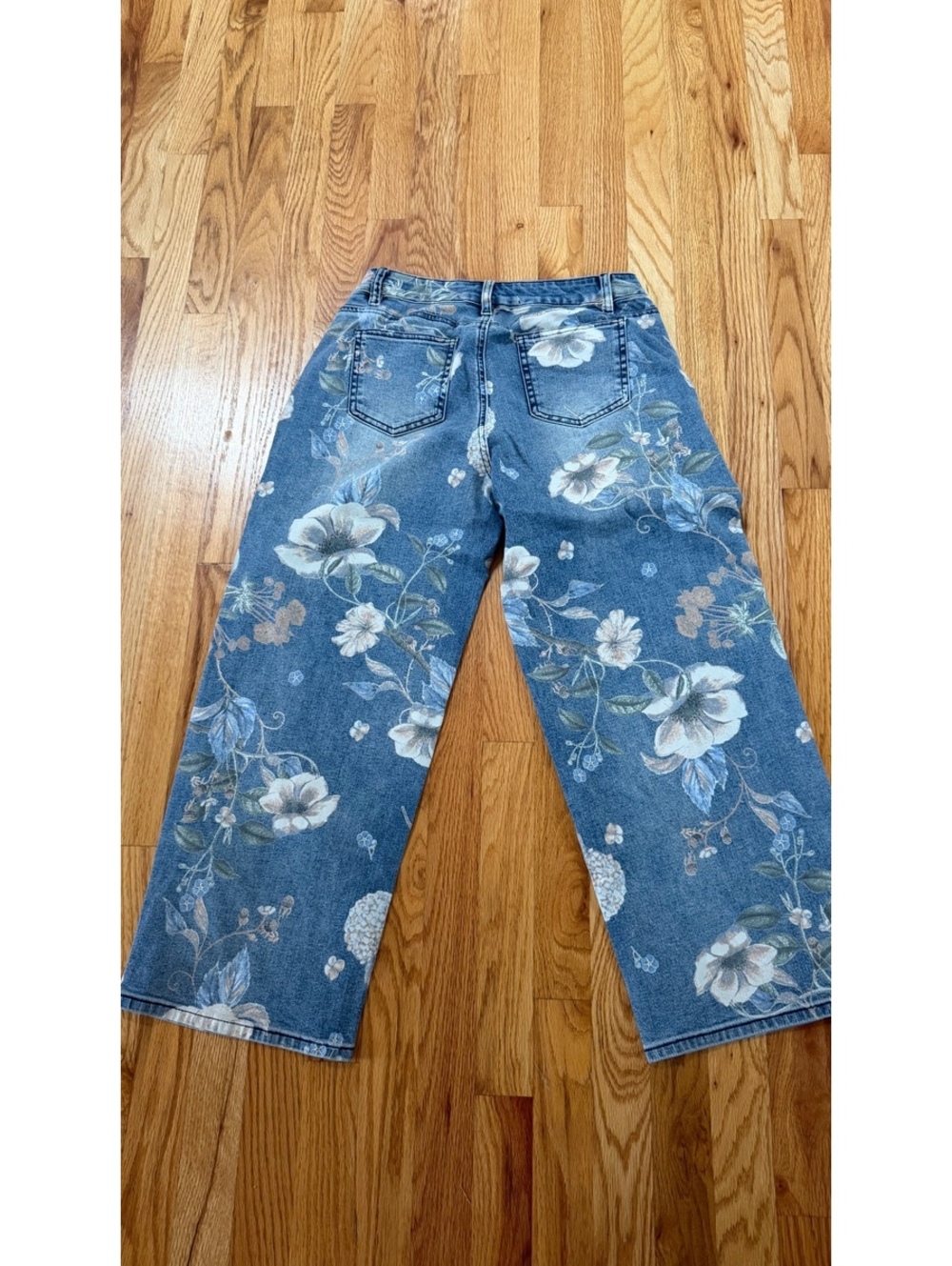 Flamingals Women's Medium Blue Floral Print Wide Leg Denim Jeans - Picture 4 of 5